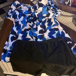 Blue and Black Leaf Print bathing suit top with Black Shorts